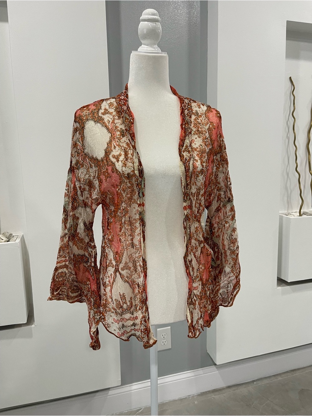 Free People Sheer Paisley Open-Front Jacket in Rust and Pink - Picture 2 of 8